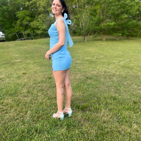 Lulu’s Beaming Perfection Light Blue Pearl Organza Tie Strap Mini Dress Size Med - Picture 6 of 7